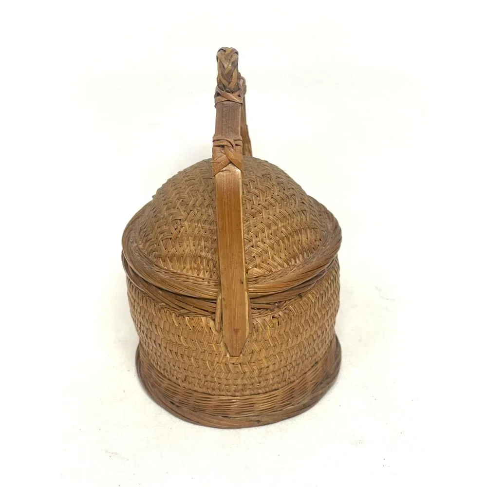 Miniature Vintage Wedding Basket Bamboo Wicker Woven Asian Chinese w/Lid Antique